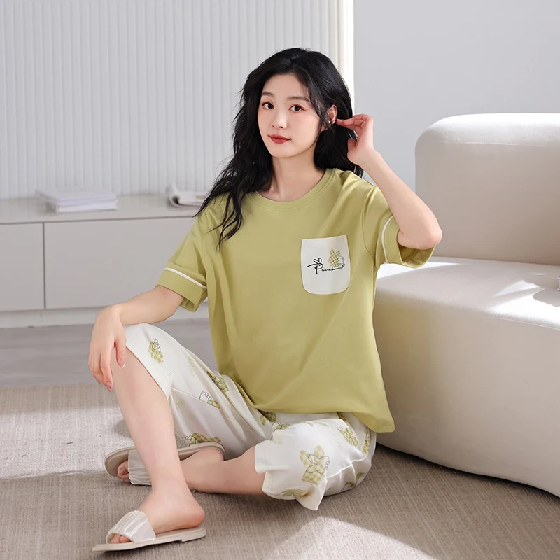 2024 Summer 100% Cotton Print Short Sleeve Knee Length Pajama Sets for Women Korean Loose Sleepwear Pyjama Homewear Home Clothes