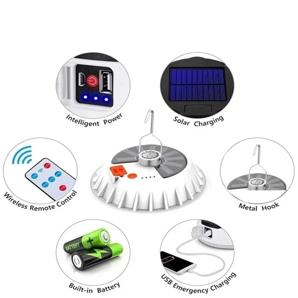 Portátil poderoso LED recarregável lanterna de acampamento, luz de tenda, lâmpada de trabalho, bateria embutida, carregamento solar, 6000mAh