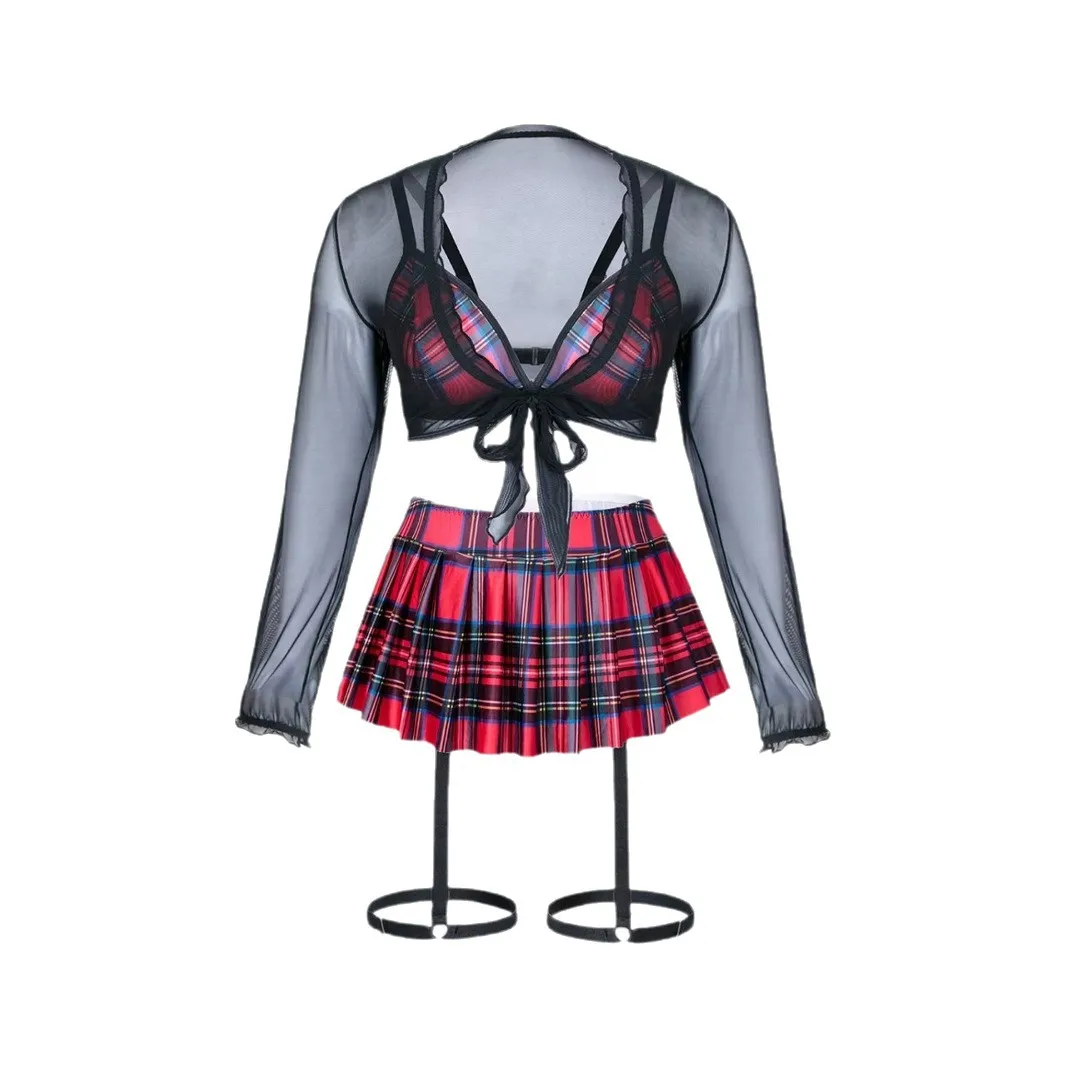 فستان نسائي أنيق مثير مقاس كبير شبكي شفاف للعب الأدوار مقاس كبير من قطعتين ملابس داخلية للتلميذة