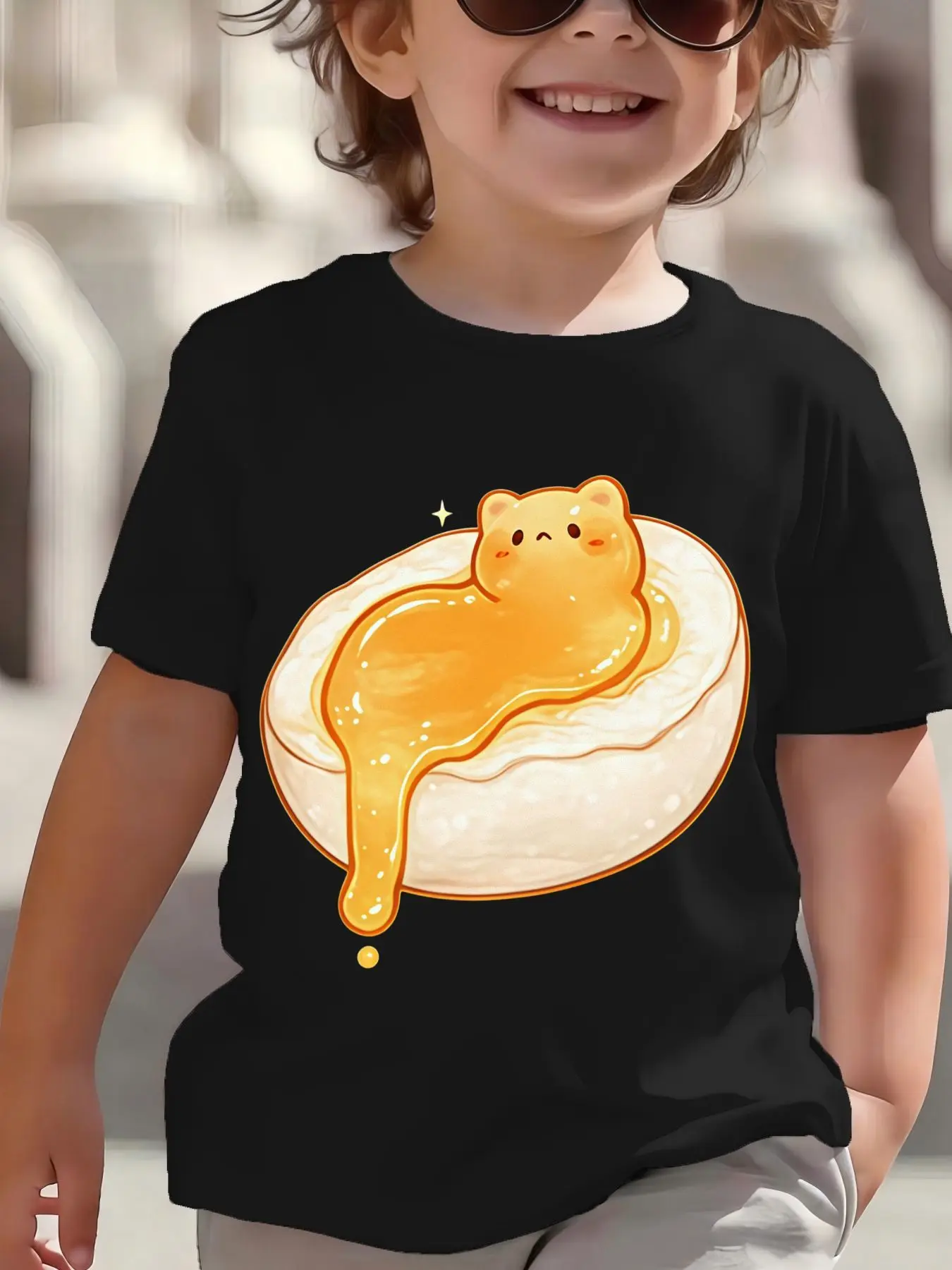 Kids Cute Honey Cat On Bread Graphic Tee Boys Girls Family Matching Short Sleeve Sweet Food Lovely Cartoon Casual Daily T Shirt