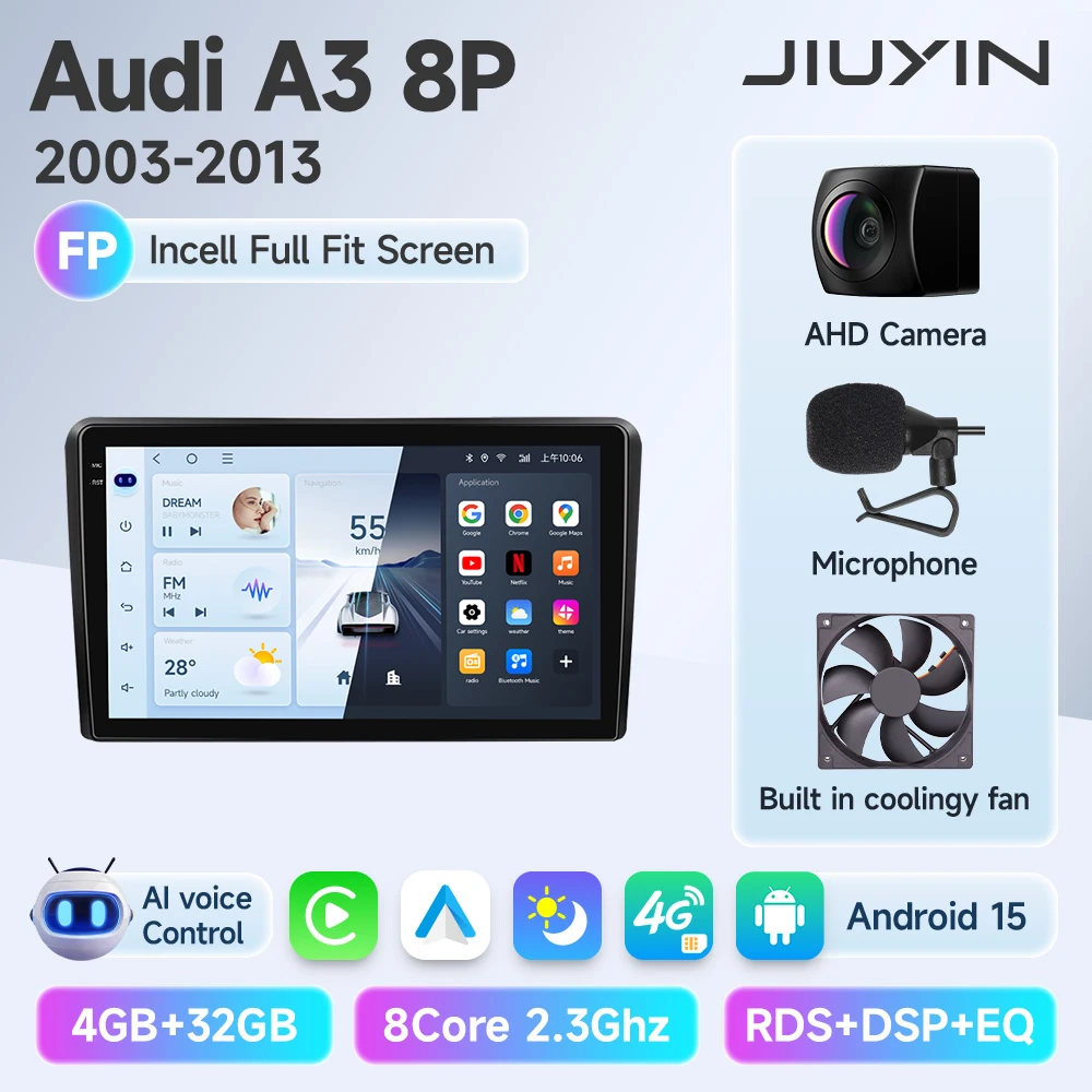 JIUYIN AI Voice Draadloze CarPlay Android Auto Radio Voor Audi A3 8P 2003-2013 4G Auto multimedia GPS 2din autoradio