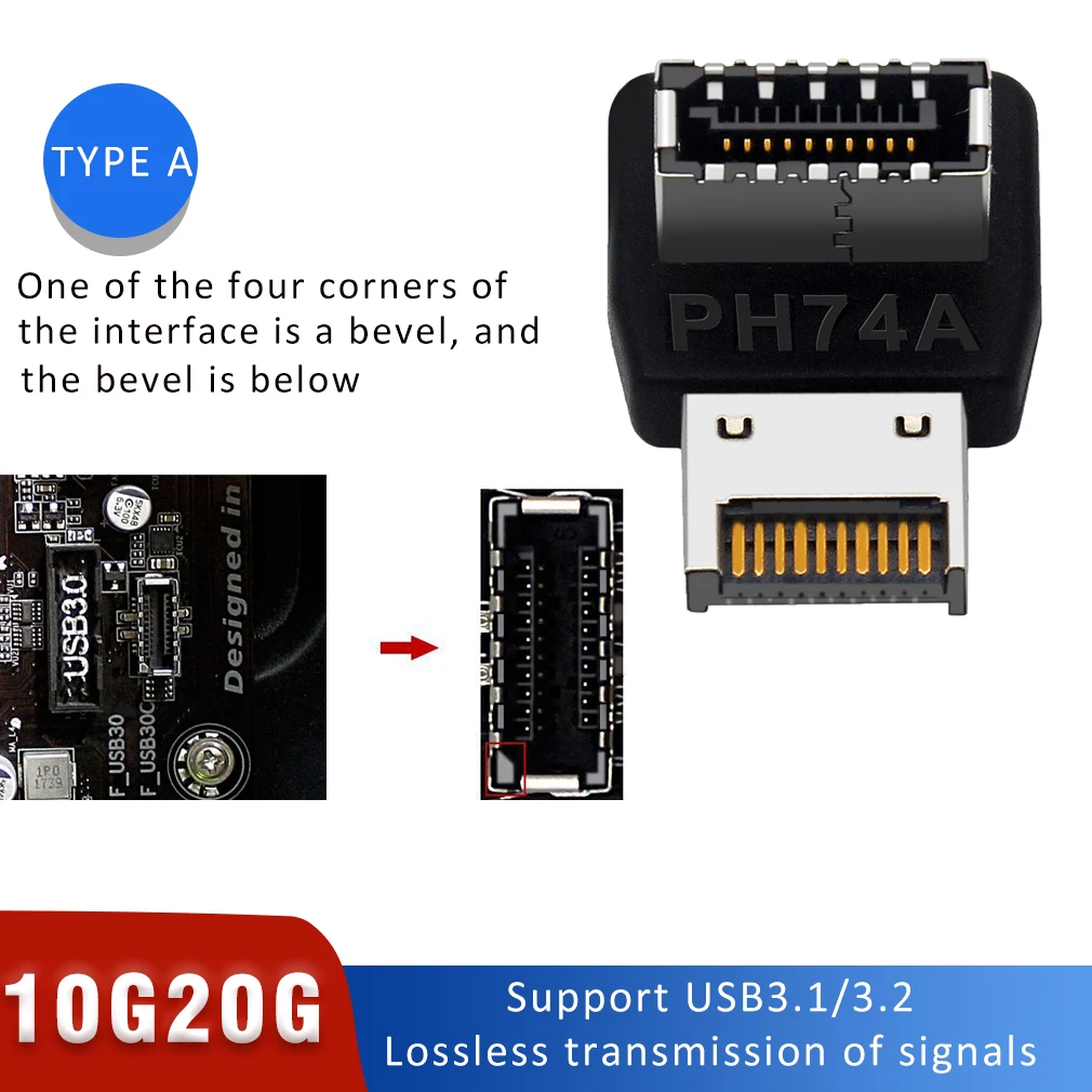 USB موصل محول USB3.0 19P/20P إلى TYPE-E 90 درجة محول محول حالة الجبهة نوع C المقبس لوحة أم للكمبيوتر