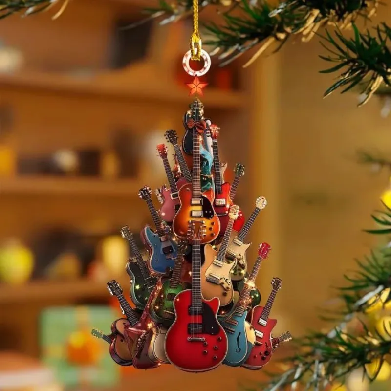 2D Flat Acrylic Guitar Christmas Tree Pendant Keychain Car Rearview Mirror Hanging Charm Christmas Tree Decor Musician Gift