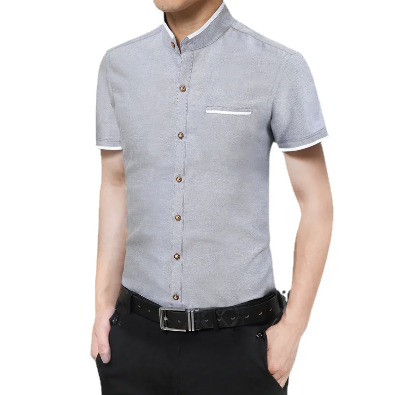 Summer New Men\'s Short Sleeve Shirt Soild Simple Business Solid Color Casual Single Pocket Comfortable Cotton Shirt