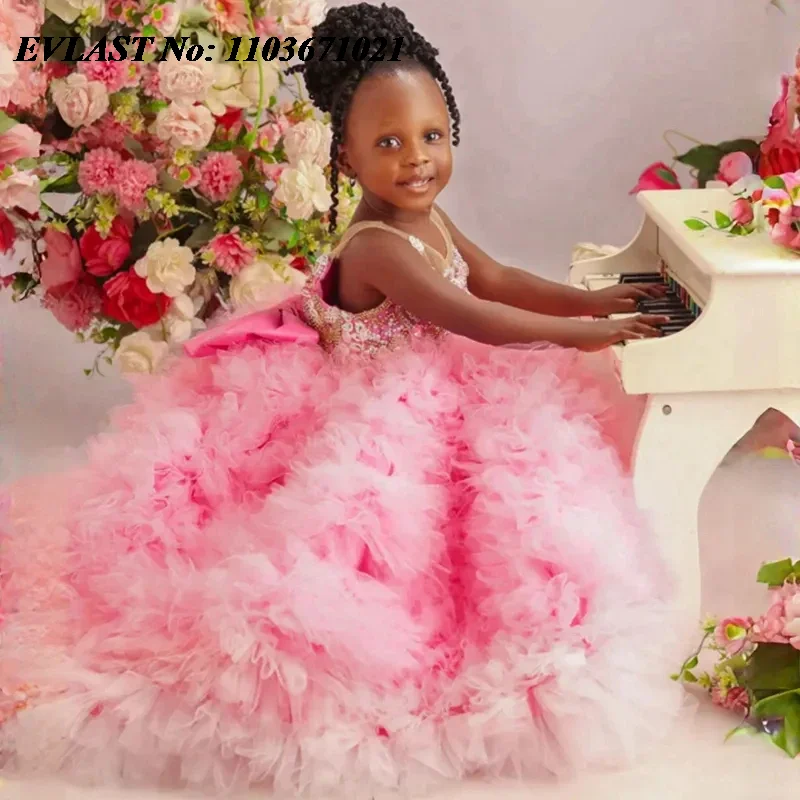 EVLAST Customized Pink Ruffles Flower Girls Dress for Wedding Party Tiered Little Girls Pageant Gown First Communion Dress FD70