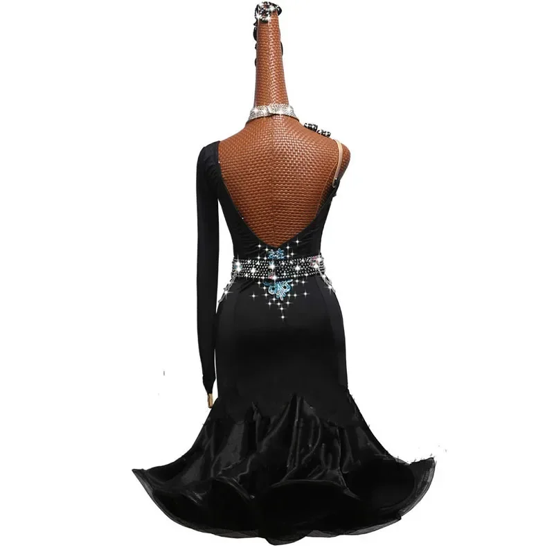 Vestido de baile latino con diamantes de imitación brillantes para mujer, ropa de competición, actuación de baile, Sexy, fuera del hombro, vestidos