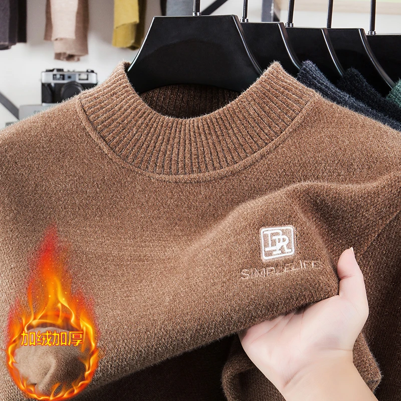 

Half High Neck Sweater for Men with Thick Velvet and Winter 2025 New Warm Base Sweater