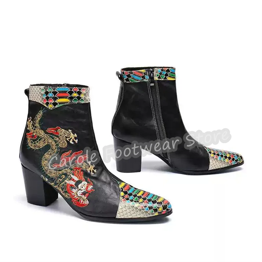 Herren-Stiefeletten aus echtem Leder in verschiedenen Farben, mit Drachen-Stickerei, spitzer Zehenpartie, Chelsea-Stiefel, Party- und Bühnenauftrittsschuhe für Herren