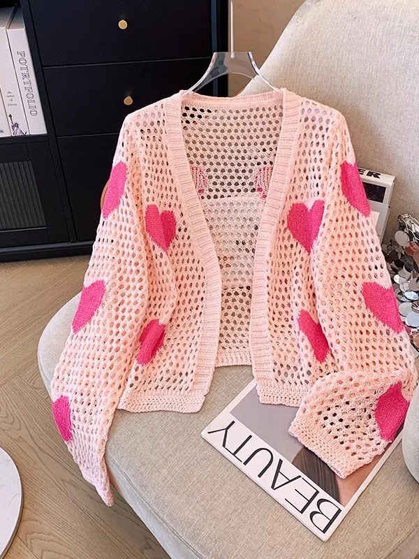 

Sweet Loose Knitted Sweater Women's Summer Thin Hollow out Embroidery Long Sleeve Cardigan Outerwear Polyester Fiber V-Neck
