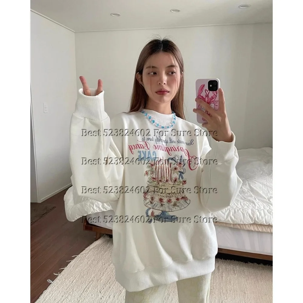 Y2K Vintage Cake Letter Print Women Sweatshirt Plus size Loose Fit Crewneck Pullover Long Sleeve Preppy Spring Autumn Clothes