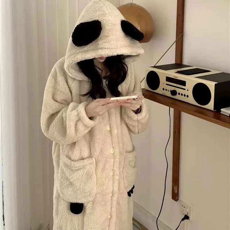 Panda Robe for Women Sleepwear Nightdress Winter Warm Fleece Pajama Hooded One Piece Nightgown Long Sleeve Homewear Night Wears