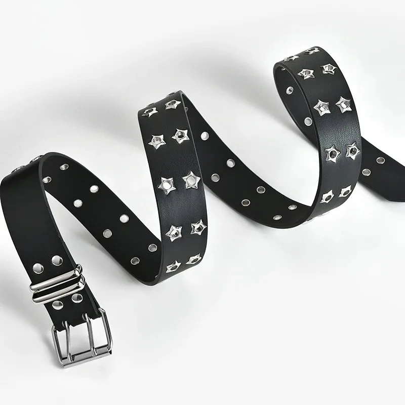 Sliver Star Eye Rivet Women Belts Double Row Needle Buckle Fashion Men's Belt PU Leather Belt Hip Hop Punk Rock Style Jeans Belt