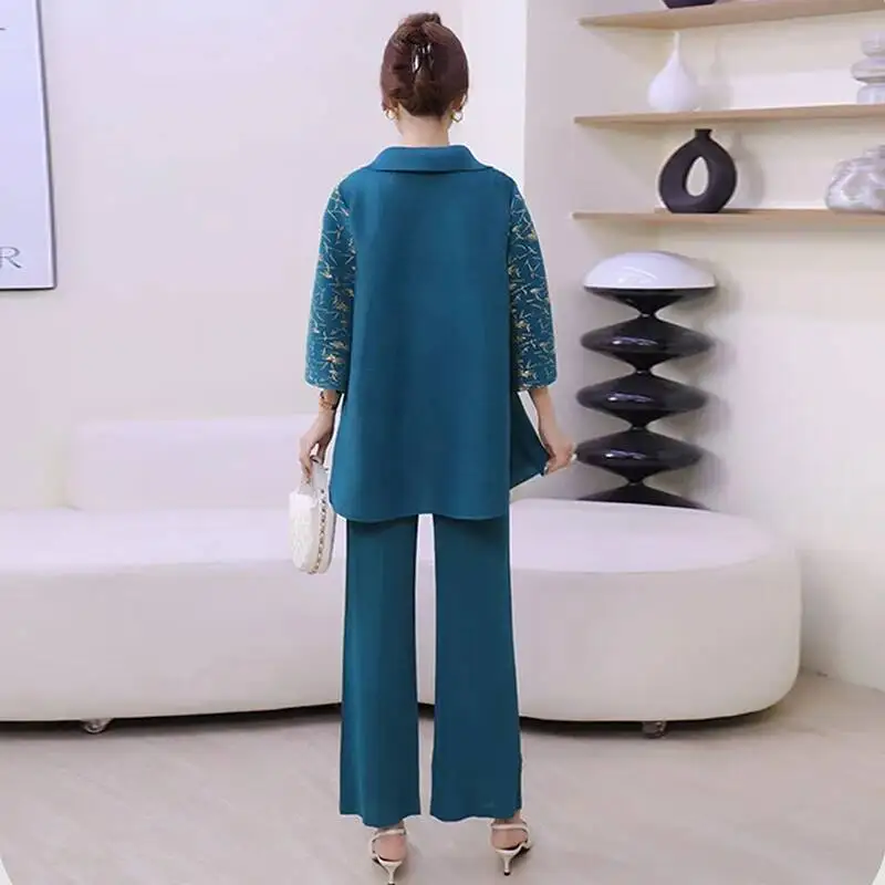 Pieces Pleated Two Set Turn-Down Collar Gold Foil Printing Single Breasted Top And Elastic Waist Pants 2025 ASRN