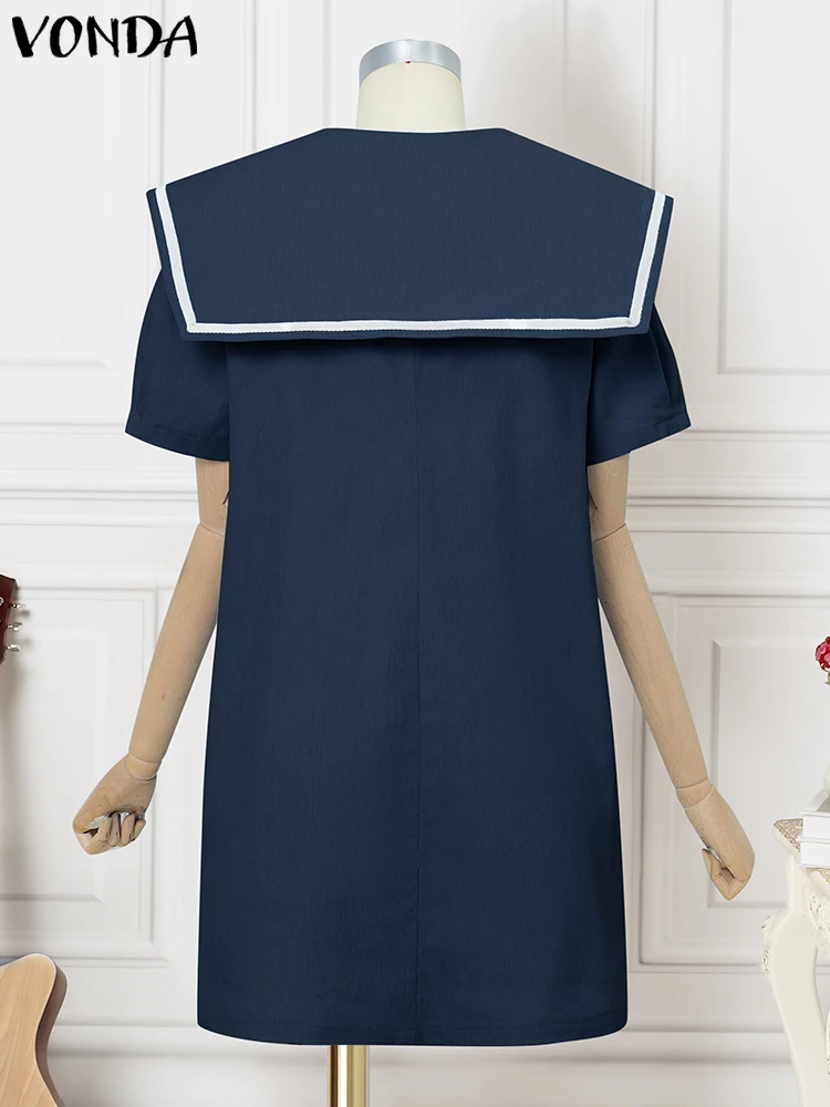 VONDA moda mujer Mini vestido con cuello de marinero 2025 vestido veraniego de verano de manga corta Casual Color Patchwork Vestidos cortos de gran tamaño