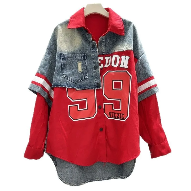 Retro Woman Denim Patchwork Shirt Jacket Numbers Letters Printed Jeans Spliced Blouse Coat Single Breasted Cowboy Cardigan Tops view 5