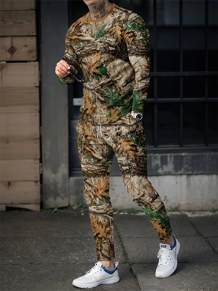 Artificial Leaf Camouflage Printed Men's Sets Spring/Autumn Daily Casual Men's Long-sleeved T-shirt Outdoor Street Men's Pants