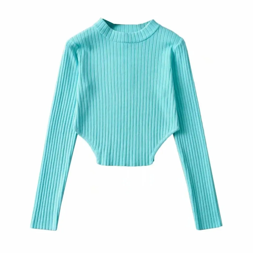 

Женская короткая трикотажная базовая рубашка в европейском и американском стиле с высоким воротником, облегающий осенний свитер нестандартного дизайна