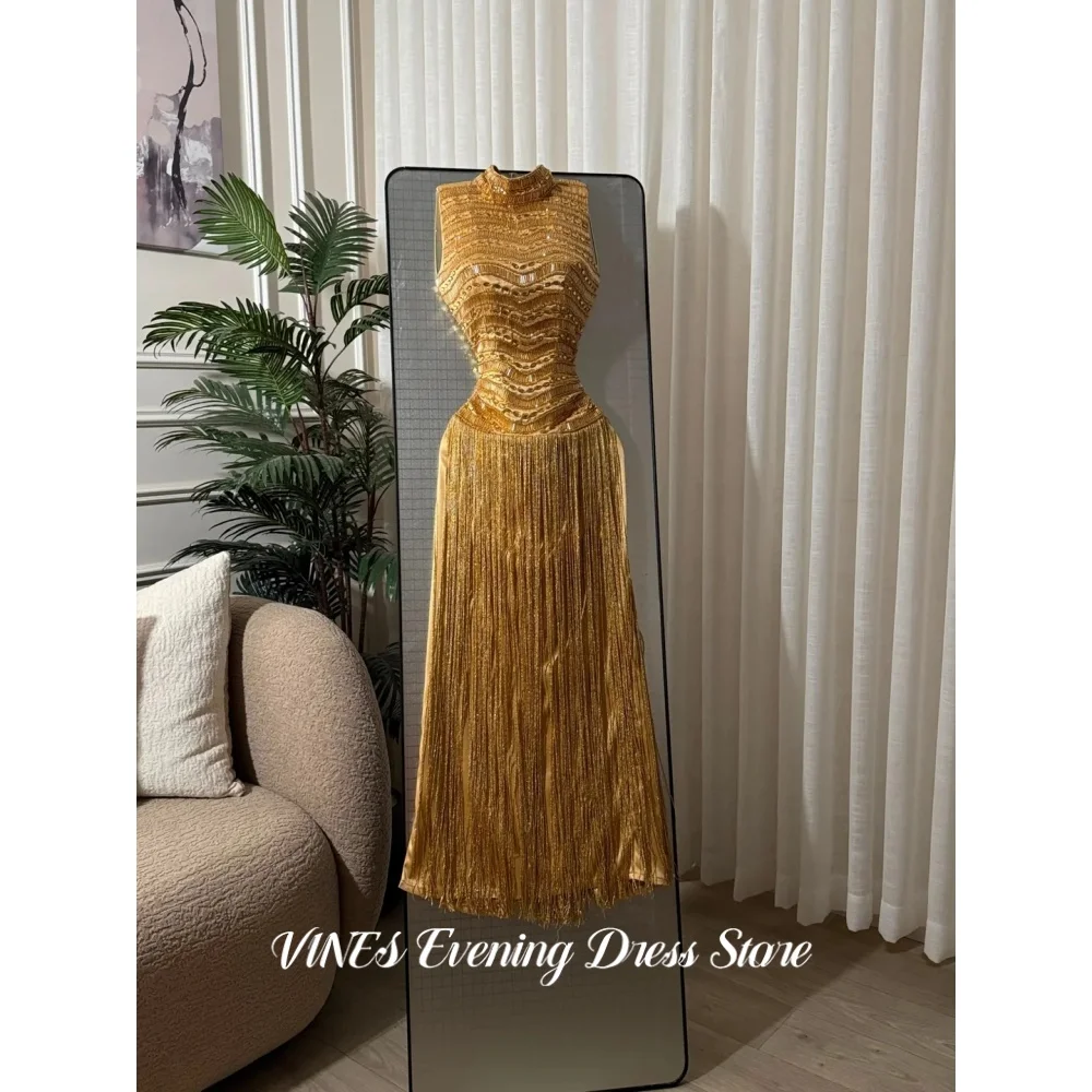 VINES Gold Mermaid Prom Dress Layered Sequin Beaded Fringe Elegant Cocktail Evening Gown Sparkle Bead Long Party Gown Customized - view 4