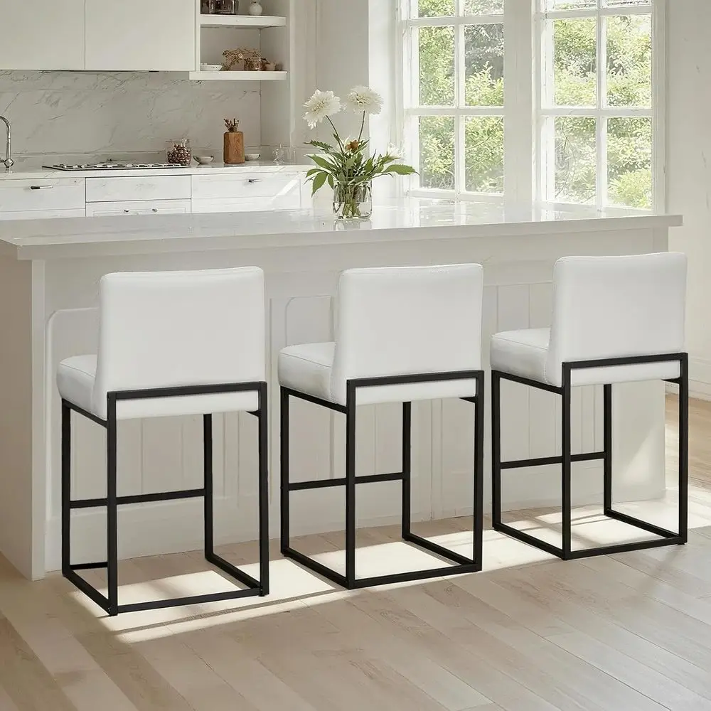 

Set of 3 Counter Height Bar Stools: 26 Pearl Beige PU Leather with Metal Black Base