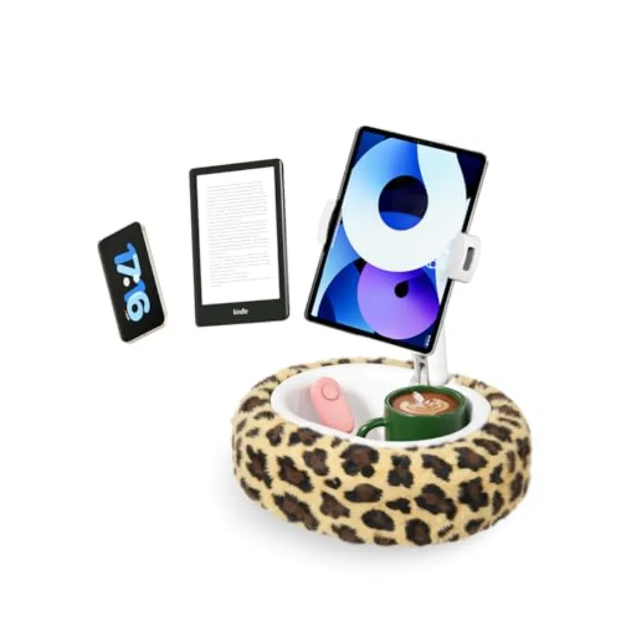 

Leopard Print Kindle Pillow Stand with Snack Bowl Cup Holder Fuzzy Hands-Free Tablet Stand for Bed Couch Compatible with Kindle