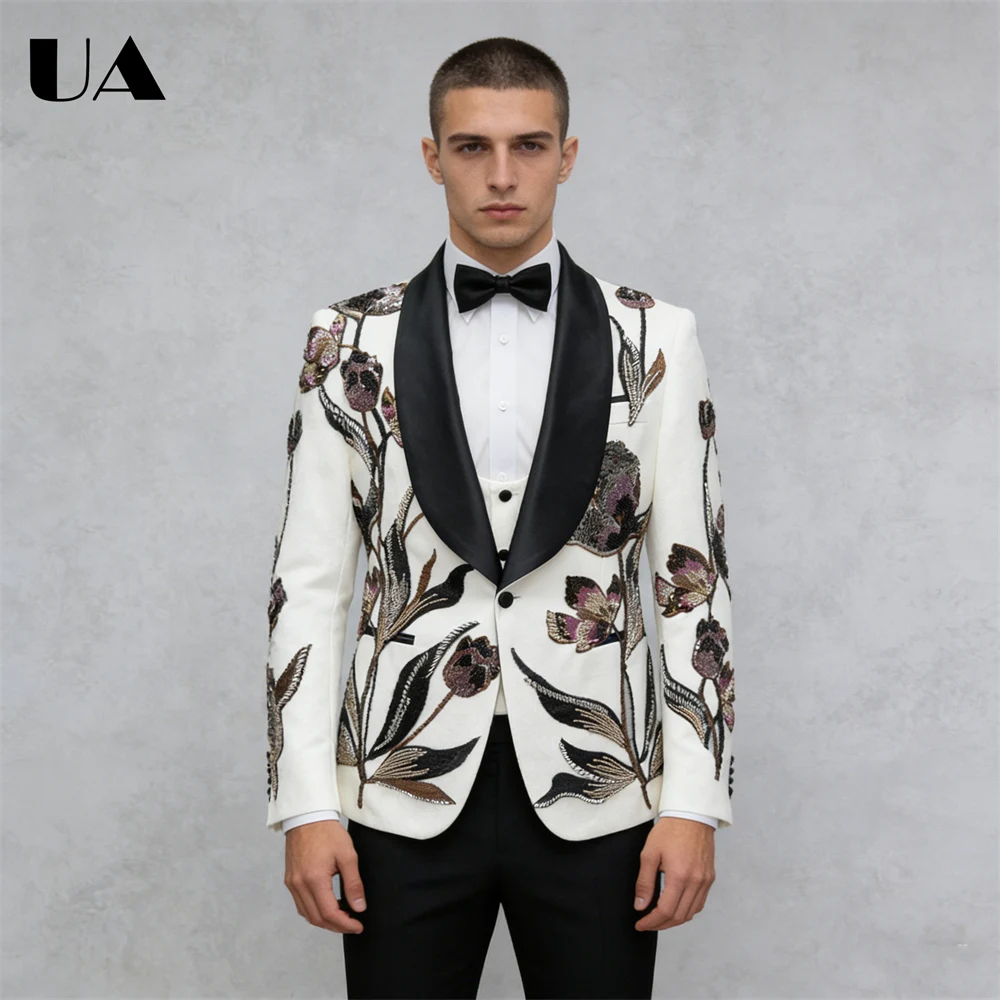 

Sequined Floral Suit Set for Men, Luxury 3-Piece Formal Tuxedo (Jacket Vest Pants) Prom Evening Suit Attire XS-3XL Suits