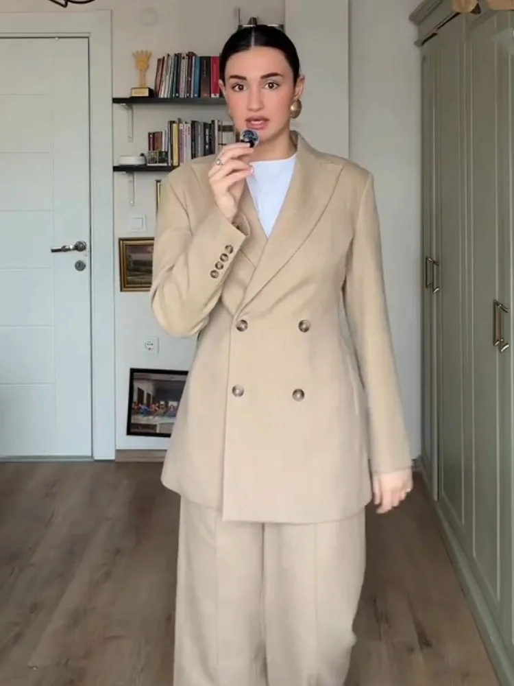 HH Women Casual Lapel Double Breasted Long Sleeve Blazer+Zipper Pockets High Waist Loose Ribbed Trousers Spring 2 Piece Set