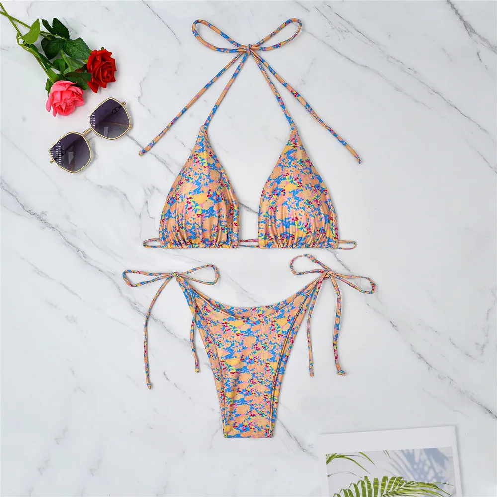 

Sexy Floral Print String Micro Bikini Women Mini Thong Swimsuit Halter Swimwear Bathing Suit Biquinis Triangle Bikinis Set Mujer