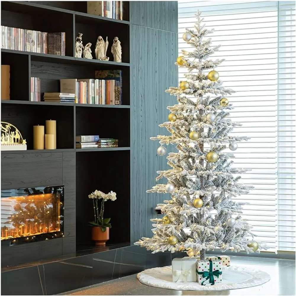 8ft Flocked Fir Artificial Christmas Tree, with Easy Assembly Metal Stand, with 450 Warm White Lights , Large Xmas Tree