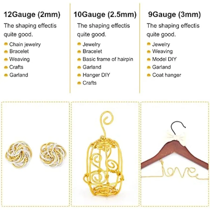 12 17 18 Gauge Aluminum Wire (12 Gauge,100FT) Anodized Jewelry Craft Making Beading Floral Colored Aluminum Craft Wire - Gold