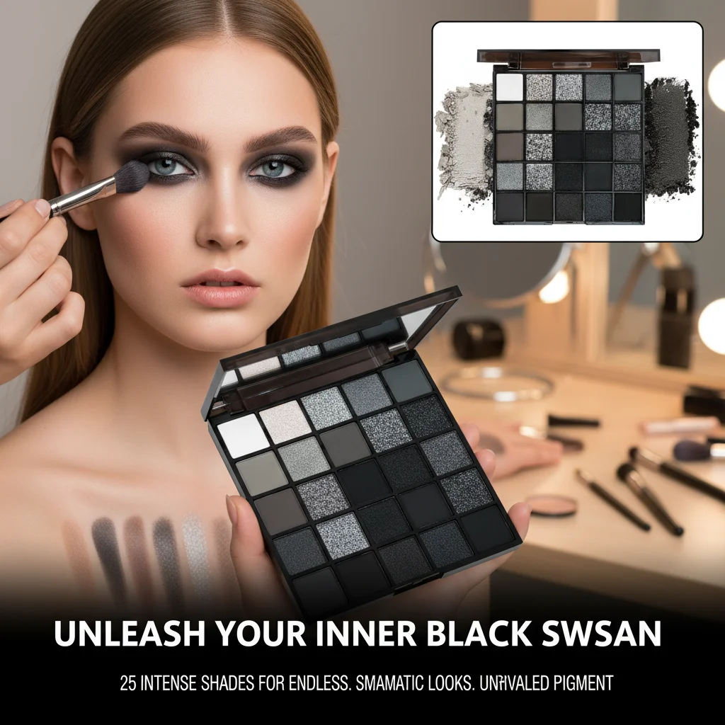9-Farben-Lidschattenpalette: Black Swan, Smoky, Dark Black, Grey Silver Glitter, Matt-Finish, langanhaltend und leicht aufzutragen