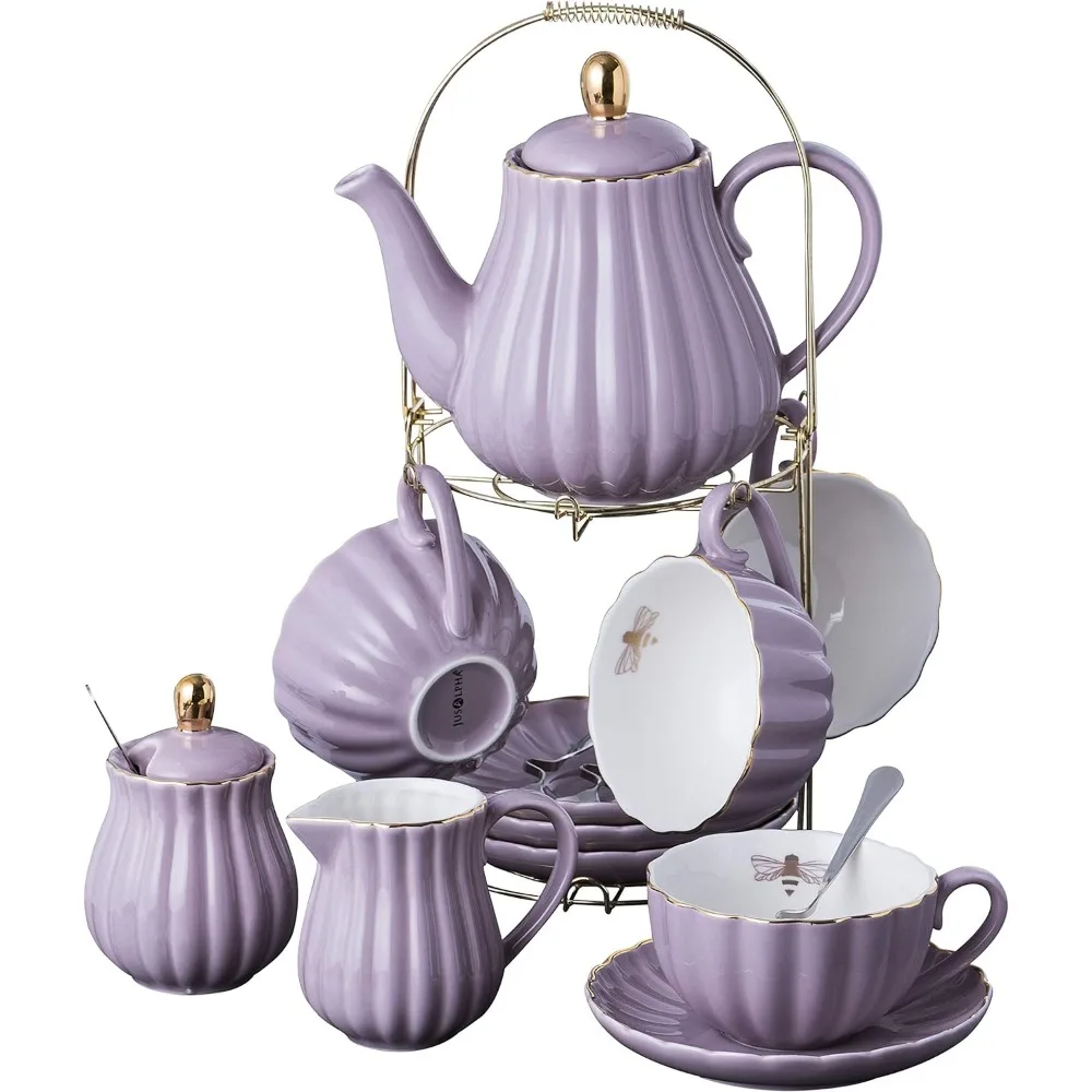 

Tea Sets, Fine China Purple Coffee Cup/Teacup, Saucer, Spoons, Teapot and Creamer Set, 17-Pieces (17PC Set, Purple), Tea Sets