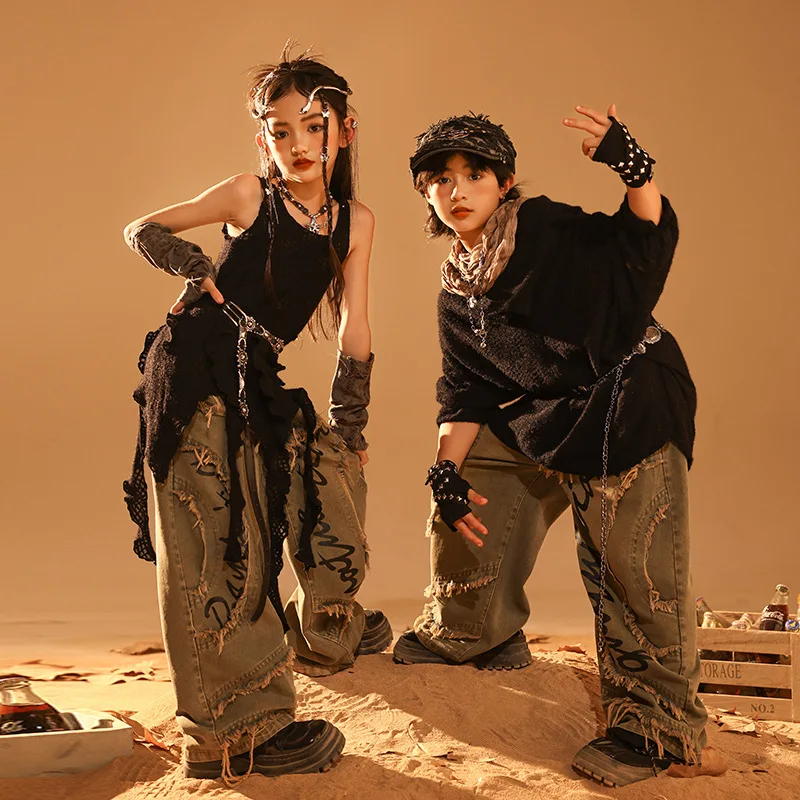 Kids Dystopia-core Gothic Costume Boy Girl Fashion Ripped T-shirt Wide Leg Baggy Jeans Pant Sets Children Suits Stage Clothing