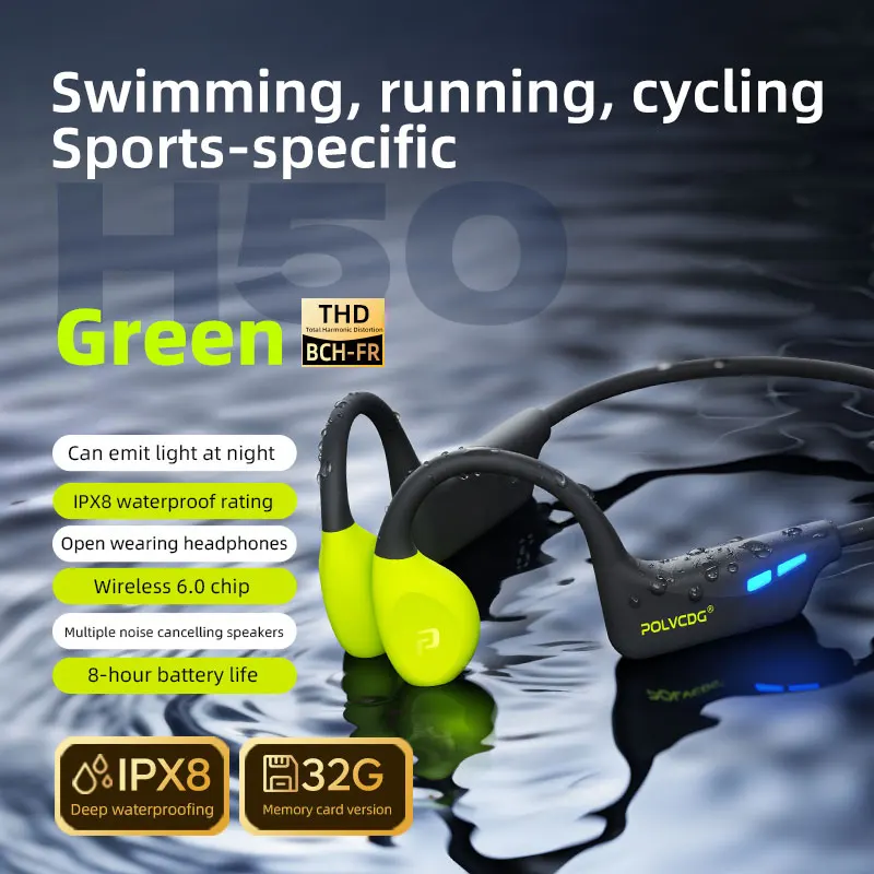 POLVCDG H50 Running Marathon Beengeleiding Oortelefoon Nachtlampje IPX8 Zwemmen Oortelefoon 32GB Geheugen Bluetooth Fietsen Oortelefoon