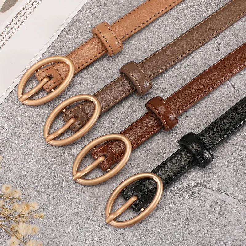 New Korean Ins Style Small Genuine Leather Belt Ladies Golden Oval Buckle Retro Suit Dress Decorative Belt Designer Luxury Belt