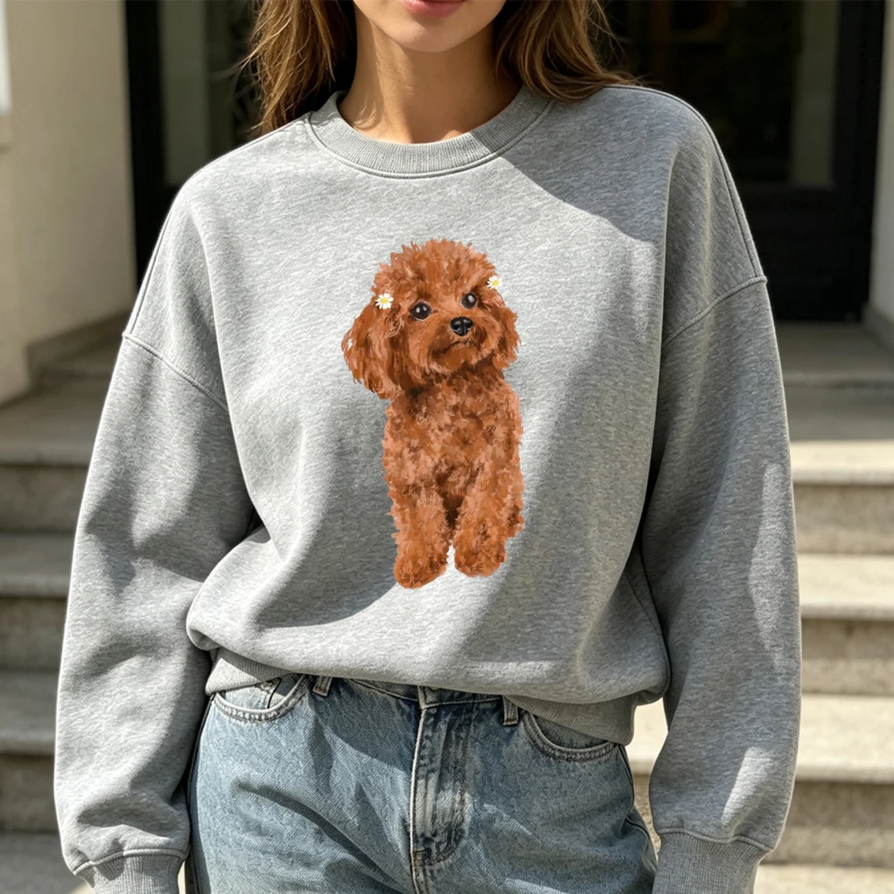Haustierbesitzer-Pullover mit realistischem braunem Toy-Pudel-Aufdruck, Rundhalsausschnitt, weiches, lässiges Langarm-Oberteil für Winterkleidung für Damen