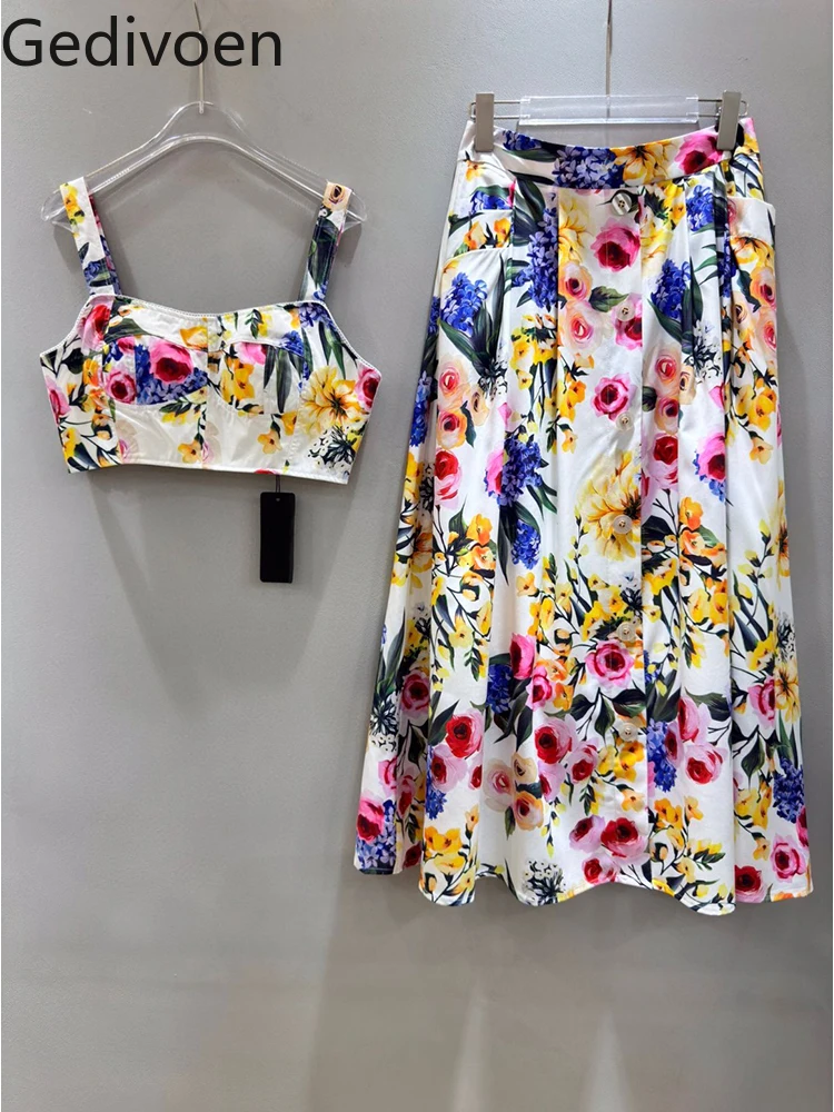 

Gedivoen Summer Fashion Runway New Designer Women's Retro Floral Print Skirt Sets Super-short Camisole+Button Multi Pocket Skirt