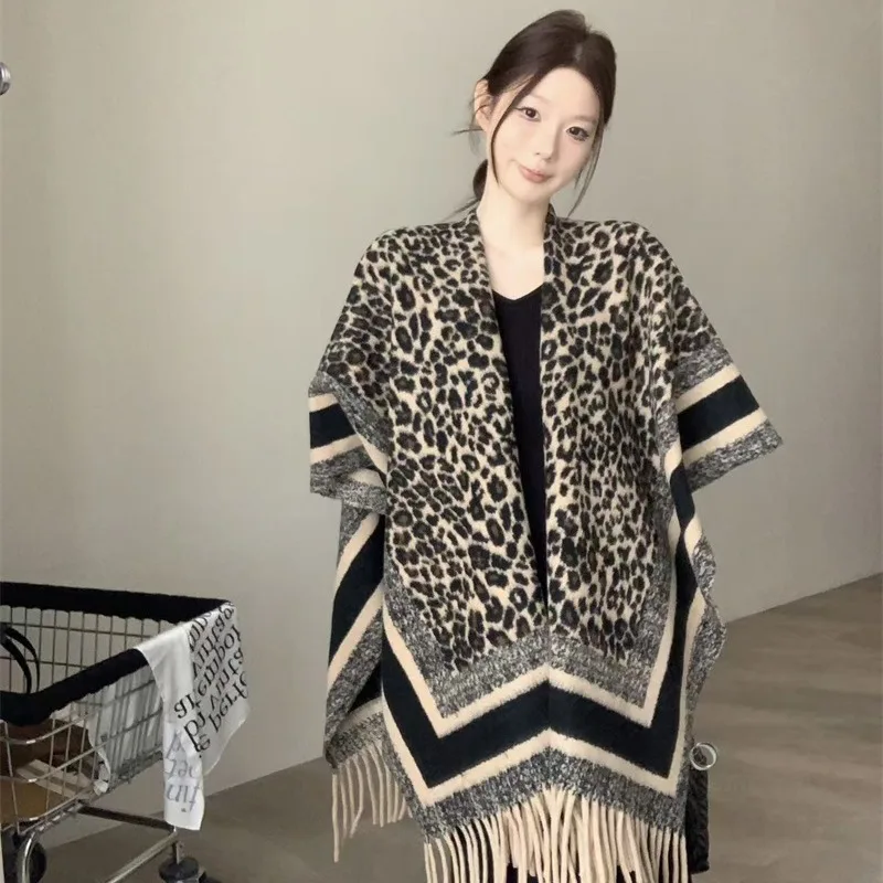 

Autumn Winter New Sle Women's awl Tassel Cowl Ne Wrap Coat Scarf Outerwear Leopard Print Vintage Money Wind