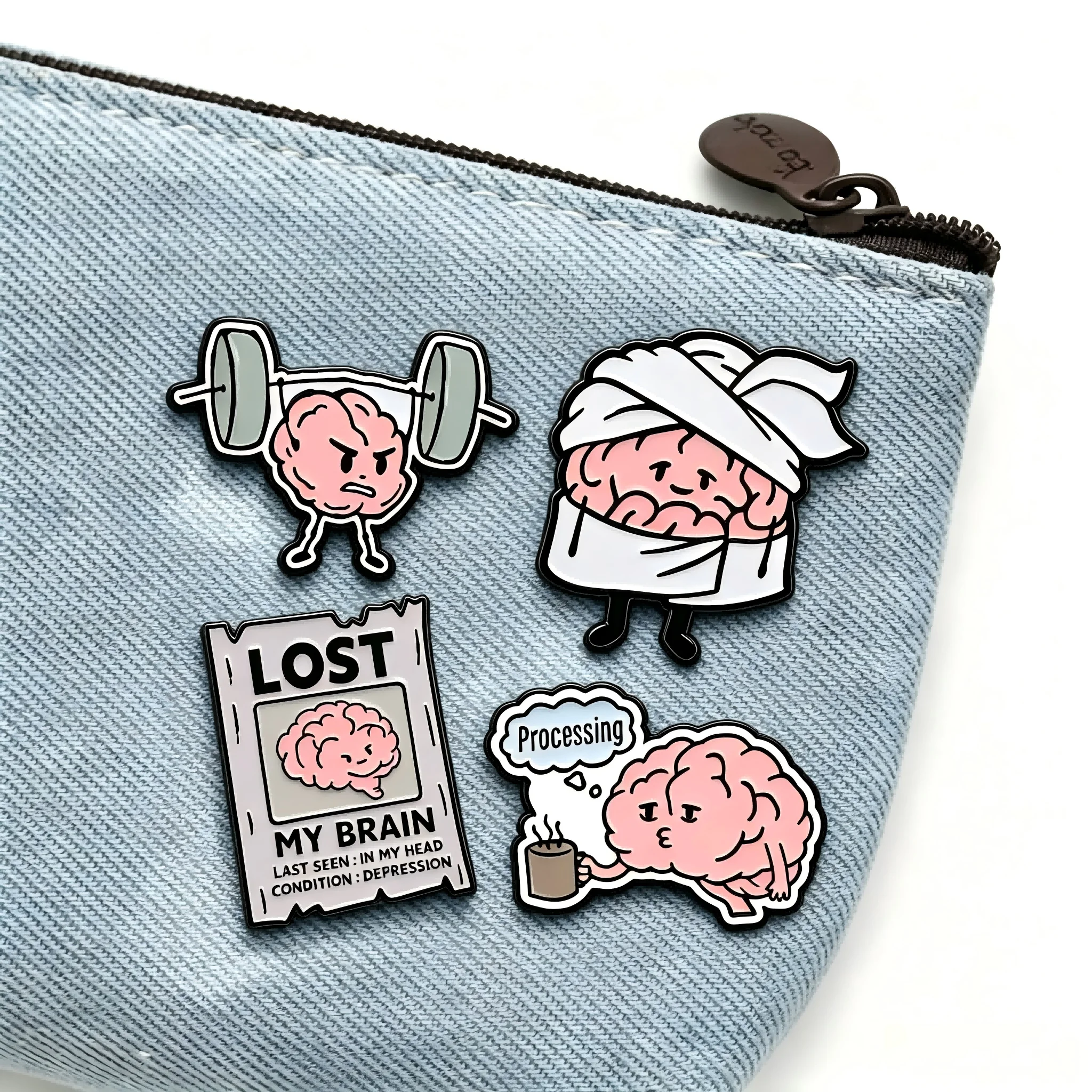 Cartoon Fitness Brain Enamel Pin 4Pcs Set Mental Health Humor Metal Lapel Badges Denim Jewelry Jacket Pins Deco Ornament Present