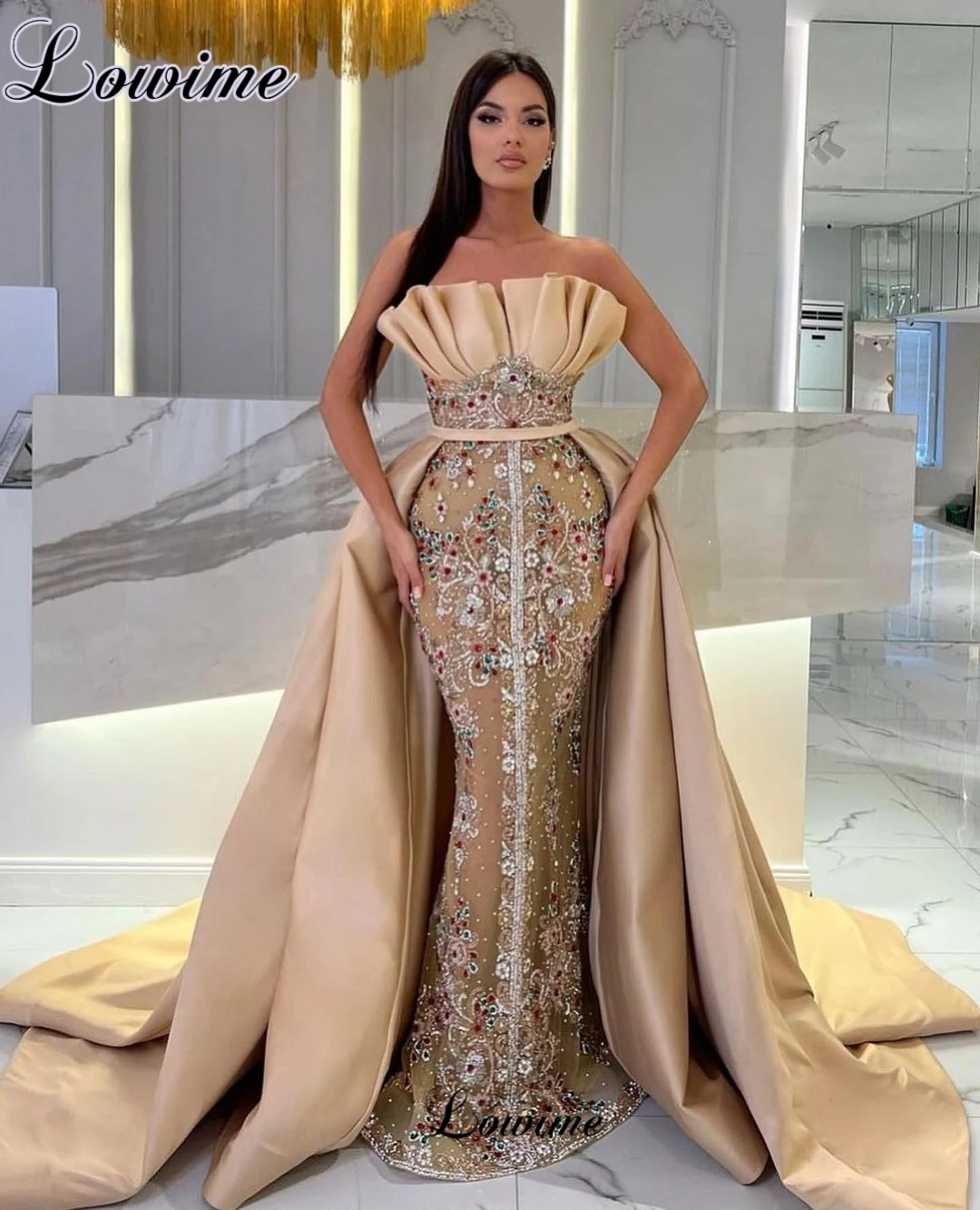 Two Pieces Crystals Evening Dresses With Removable Train Strapless Luxury Celebrity Dresses 2023 Prom Dresses Robes De Soirée