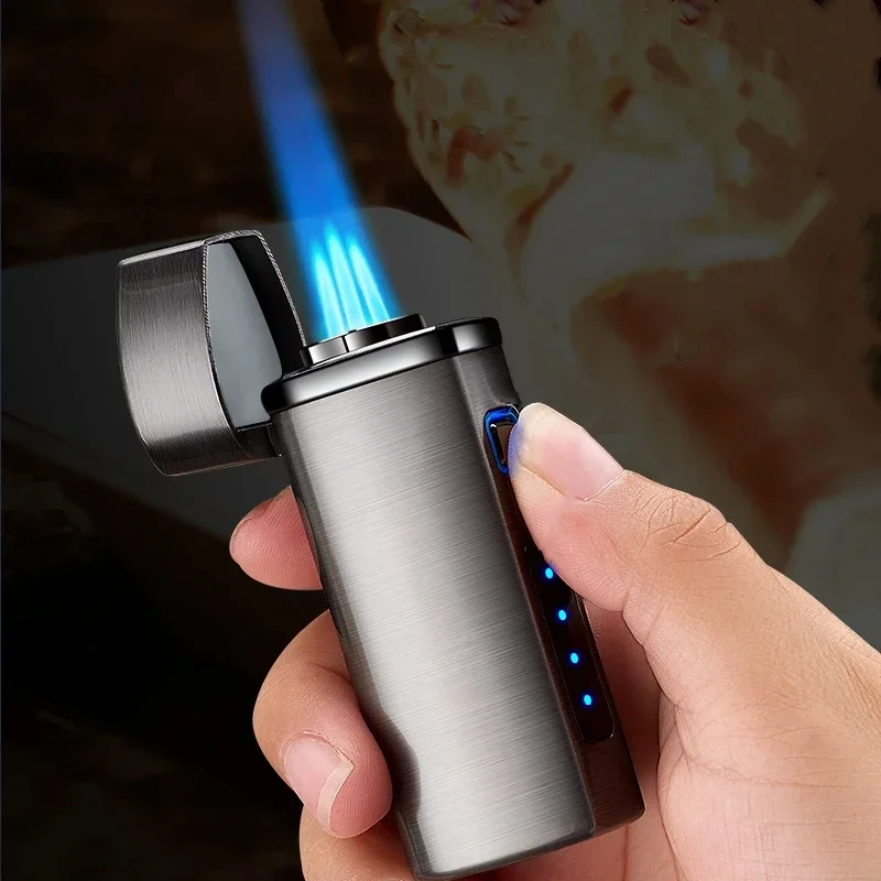 New Touch Sensing Metal Outdoor Windproof Electric USB Lighter Turbo Three Torch Blue Flame Gas Lighter Cigar Tool  Men\'s Gifts