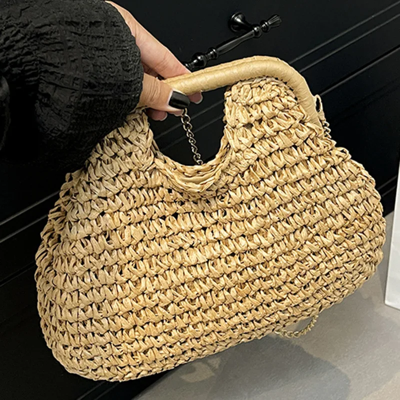 

Плетеная соломенная сумка 2025 года — пляжная сумка-тоут и сумка через плечо в стиле бохо, минималистичная экологически чистая плетеная сумка для женщин