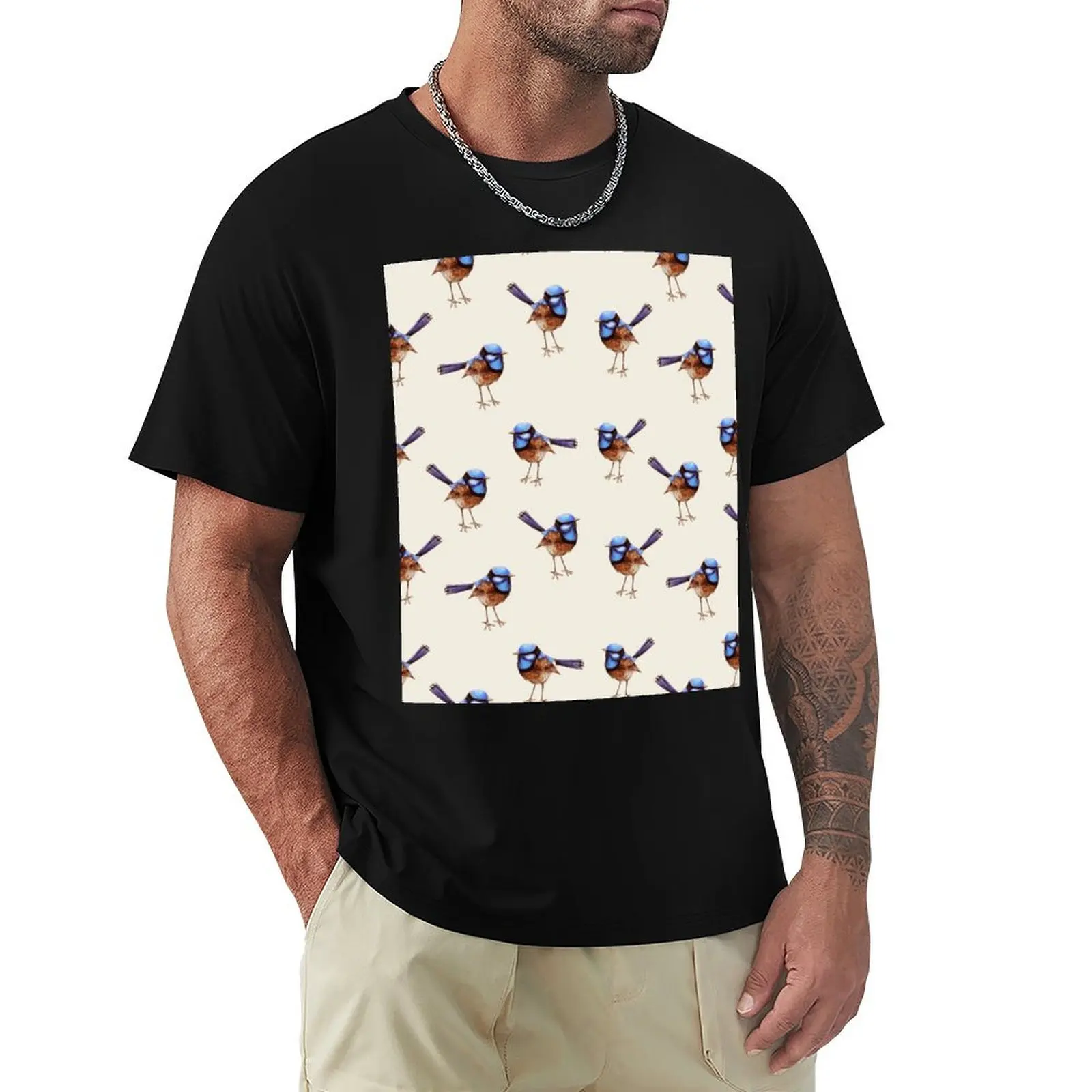 Blue Wrens on Creme T-Shirt Basic Tee Shirt for Everyday Outfit