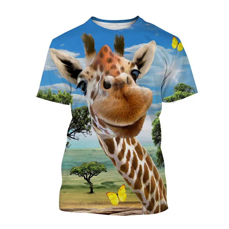 Funny Giraffe Pattern T-Shirt For Men Cute Animal 3D Printed T Shirts Summer Street Oversized Short Sleeve Tees Round Neck Tops