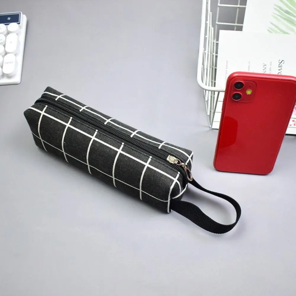 New Checkered Stripe Pen Bag Canvas Portable Stationery Organizer Multi-function Large Capacity Stationery Storage Bag Universal