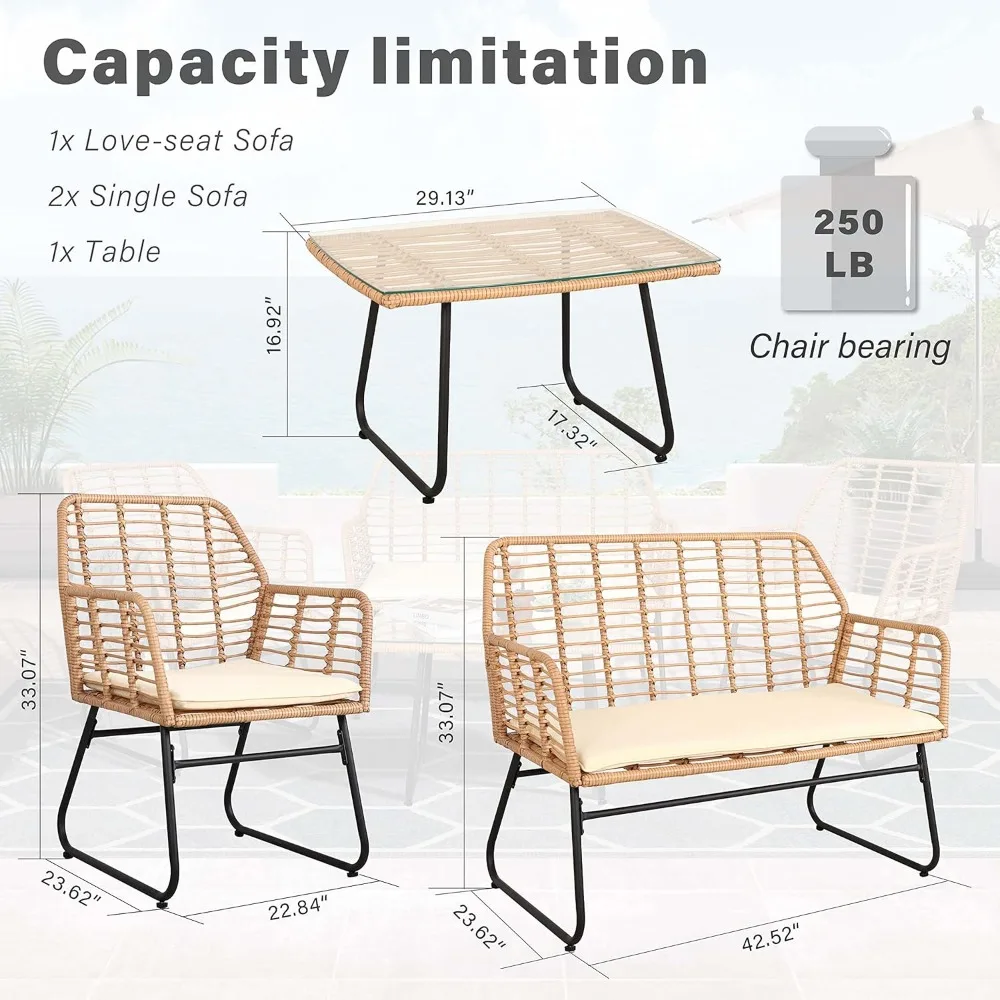 Wicker Patio Conversation Sets 4 Piece , Srurdy & Durable, Water Resistant, Durable Cushions, Tempered Glass, Garden Sofas