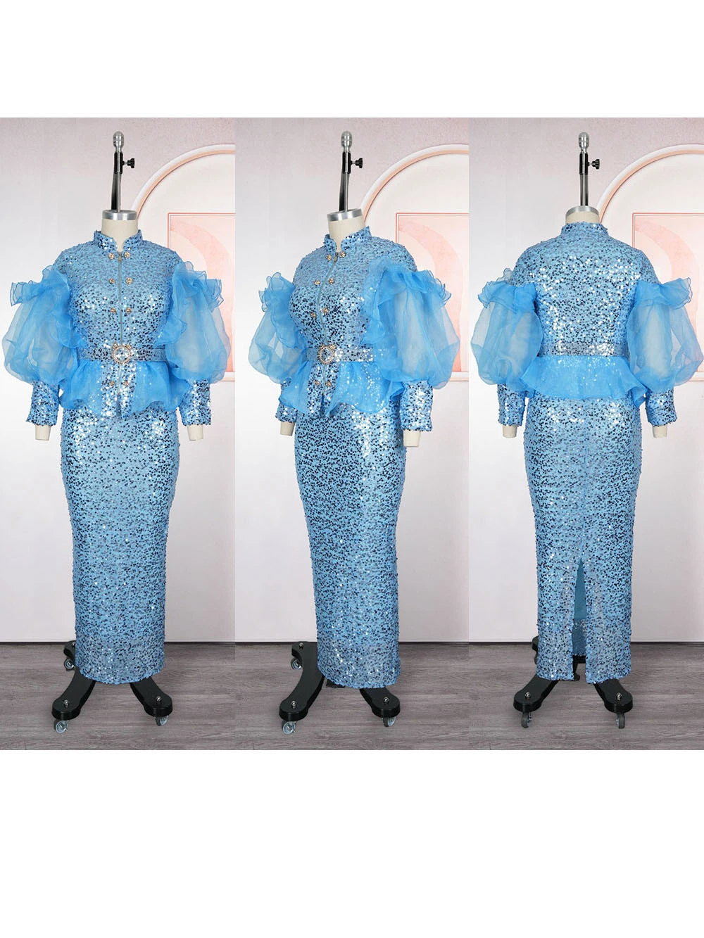 

2025 Wedding Party Evening Dresses Tops and Skirt 2pcs Set Women African Dashiki Sequin Mermaid Robe Puff Sleeve Africa Clothing