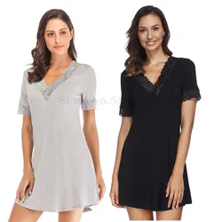 Lace Edge Nightdress Sexy Women's V-Neck Loose Casual Home Clothes Sleepwear Modal Loungewear Intimate Lingerie Nightgown