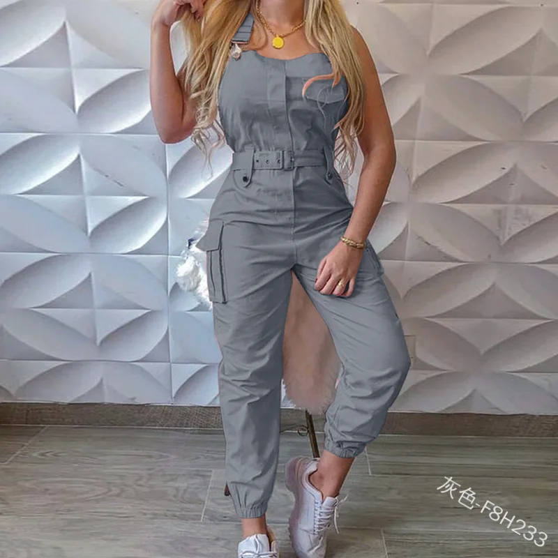 Autumn Women\'s Clothing Bodysuit Jumpsuit 2023 Simple Zipper Cargo High Waisted Conjoined Body Pants Sleeveless Strap Trousers