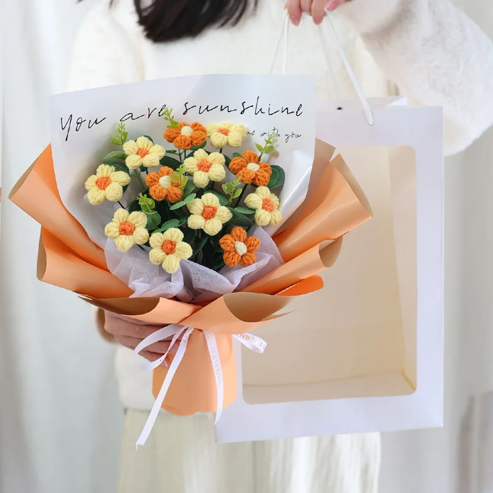 

Korean Style Handwoven Daisy Bouquet Hand-Knitted Soft Yarn Artificial Flower Arrangement Vibrant Color Crochet Daisy Flowers