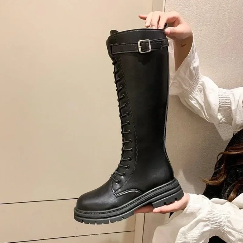 Women Combat Boots Female High Platform Gothic Shoes Black Leather Boots Lace Up Women Knee High Boots